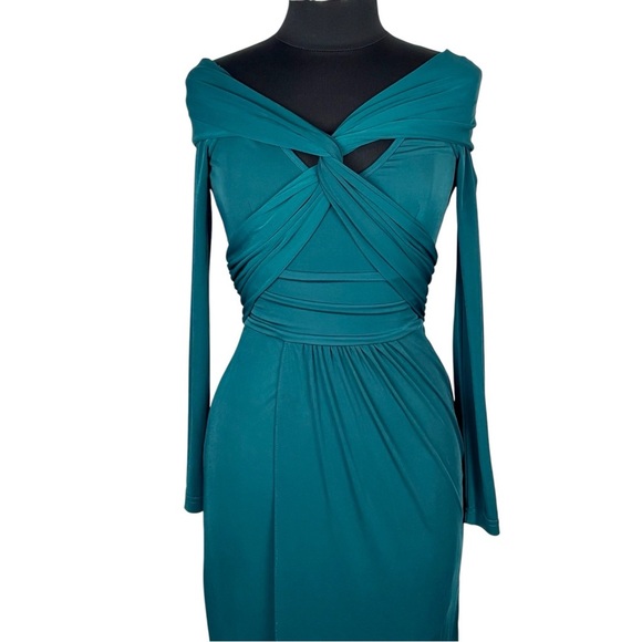 ZAC POSEN FOREST GREEN LONG SLEEVE JERSEY WRAPPED AROUND GOWN DRESS - Picture 8 of 15